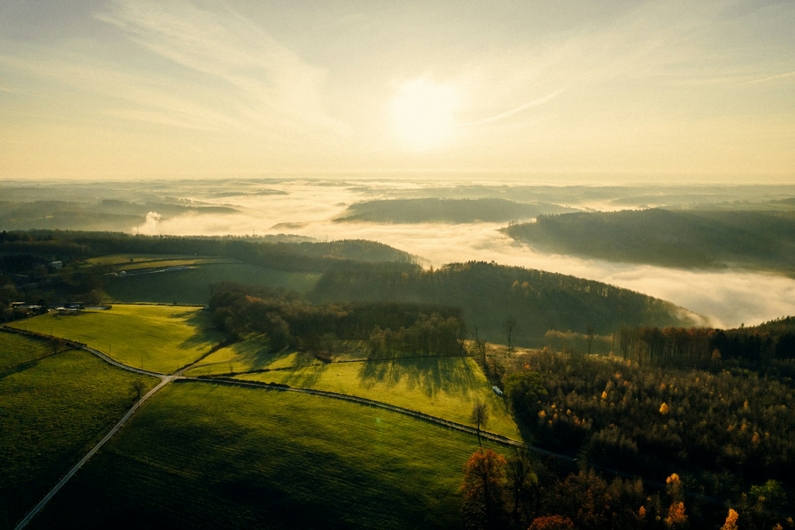 Sonnenaufgang über grünen Hügeln und Nebel im Tal.